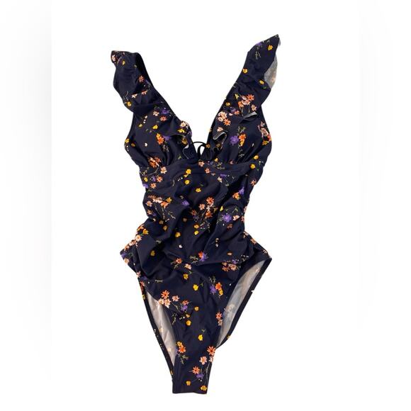 NWT Cupshe One Piece Navy Ditsy Floral Flutter Strap Swimsuit Size Medium - Picture 3 of 8